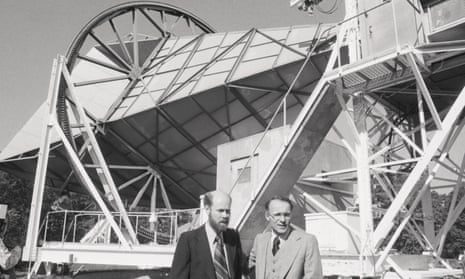 Arno Penzias, right, and fellow Nobel laureate Robert Wilson in front of the Holmdel microwave horn antenna with which they discovered background radiation.