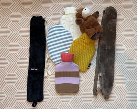 Group shot of hot-water bottles featured in the roundup.