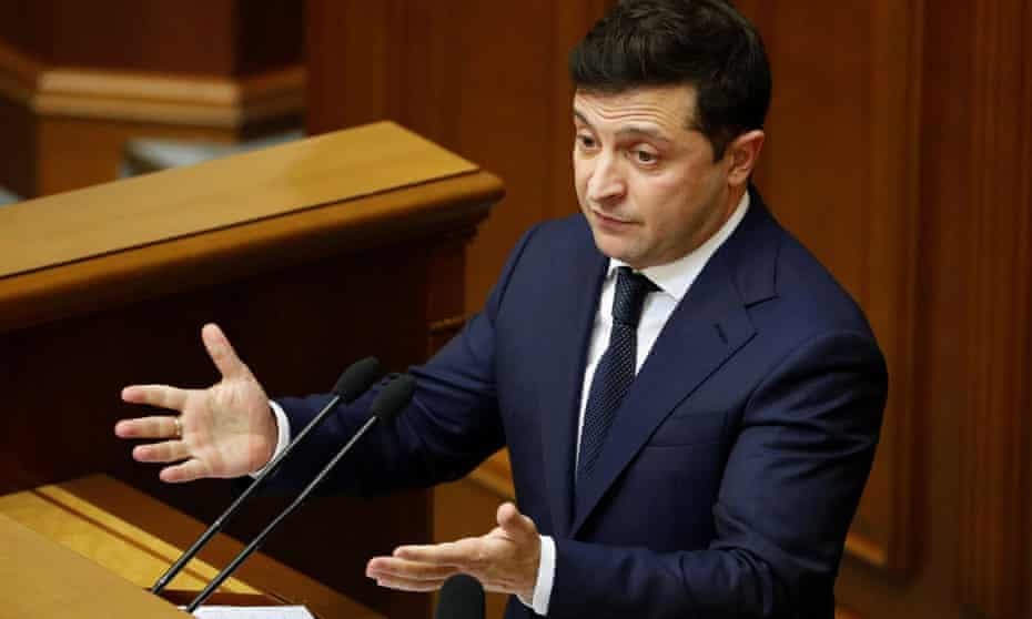 Volodymyr Zelenskiy delivers a speech in Ukraine’s parliament on Wednesday