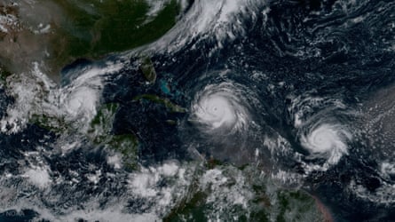 This historic image from NOAA’s GOES-16 satellite shows hurricanes Katia (left), Irma (center), and Jose (right). It was the first time on record that three major hurricanes made landfall at the same time in the Atlantic-Caribbean region.