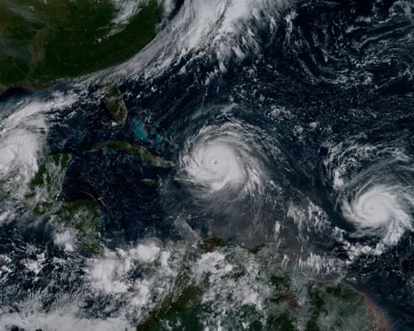 This historic image from NOAA's GOES-16 satellite shows hurricanes Katia (left), Irma (center), and Jose (right). It was the first time on record that three major hurricanes made landfall at the same time in the Atlantic-Caribbean region.