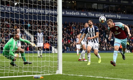 Chris Wood heads home the winner in Burnley’s 2-1 victory over West Brom at the Hawthorns in March 2018