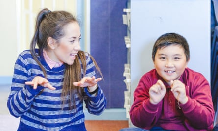 STC teaching artist Courtney Steward with a student at Ford Street primary school for Sydney Theatre Company’s School Drama program