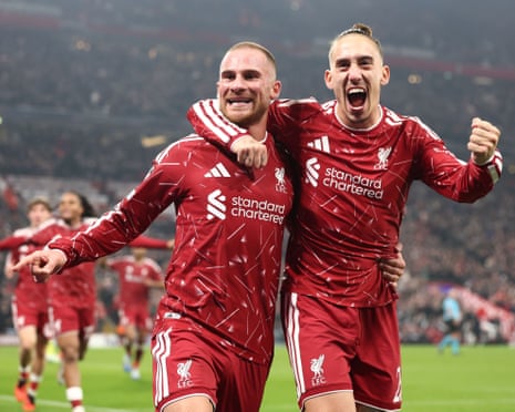 Alexis Mac Allister (left) shows his delight after scoring LiverpoolâÂÂs third goal against Villarreal.