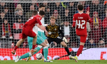 Lewis Koumas scores Liverpool's first goal against Southampton.