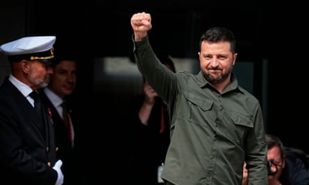 Ukrainian President Volodymyr Zelensky reacts after addressing the crowd in front of the Danish Parliament in Copenhagen, Denmark, on 21 August 2023.