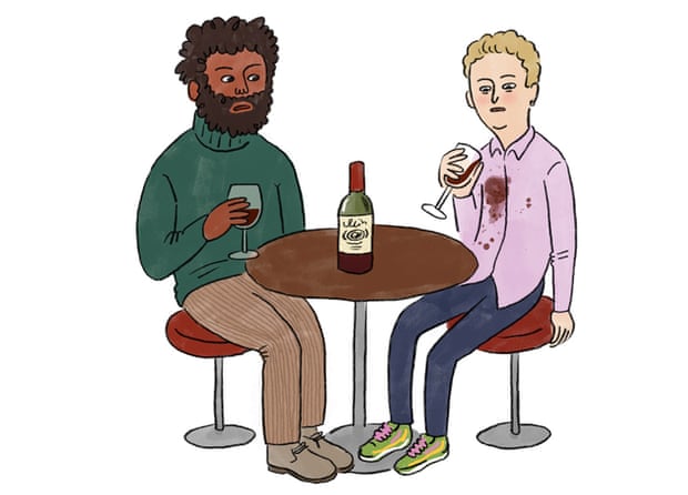 Illustration of two men sitting at a table with a bottle of wine on it