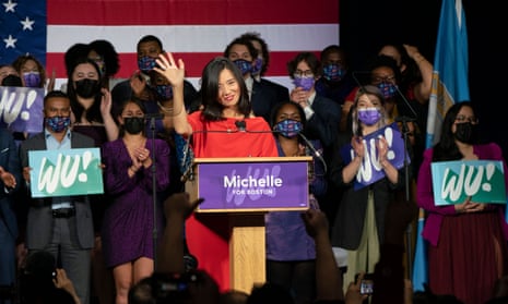 Michelle Wu speaks to supporters after winning her race for mayor of Boston, the first woman and first person of color to be elected to the office.