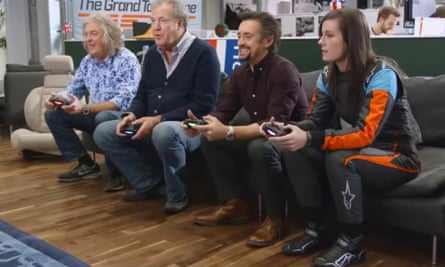 Abbie Eaton with The Grand Tour presenters James May, Jeremy Clarkson and Richard Hammond.