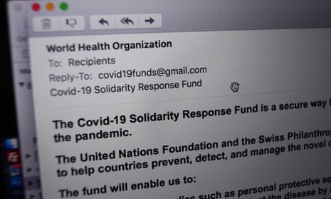 A phishing email from someone posing as the head of the World Health Organization asking recipients to donate money to a coronavirus fund.