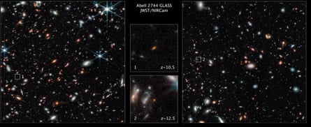 Two star fields with locator boxes showing the galaxies, with enlarged pull-out images of the galaxies themselves in the middle
