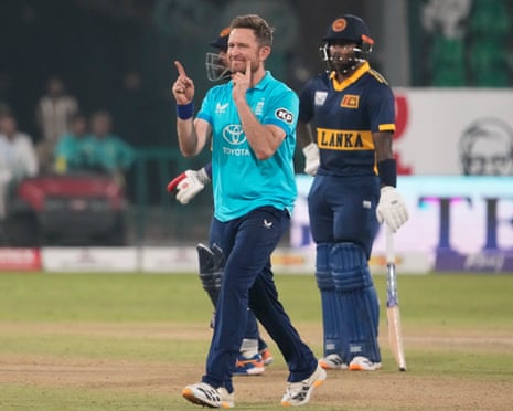 England's Liam Dawson celebrates the wicket of Sri Lanka's Avishka Fernando
