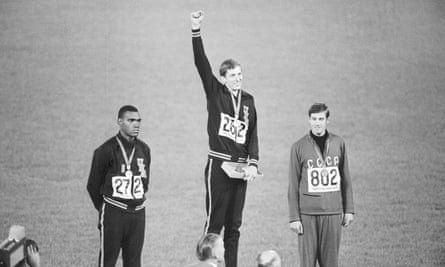 Dick Fosbury on the Olympic podium in Mexico City, October 1968.