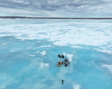Aerial view of the test site featuring blue and white patches