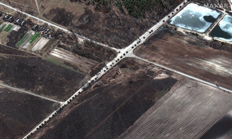 Military vehicles stretched out alon a highway near Ivankiv, north-west of Kyiv, according to Maxar.