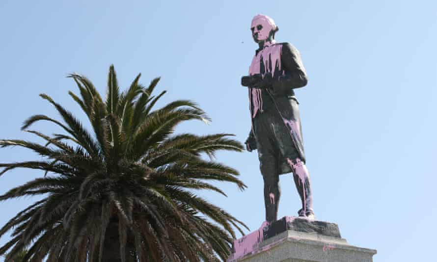 A defaced statue of Captain Cook in Melbourne, Australia, January 2018