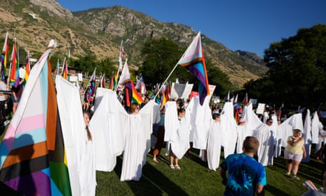 People dressed as ‘angels’ at Kiwanis Park in Provo, Utah on 3 September 2022.
