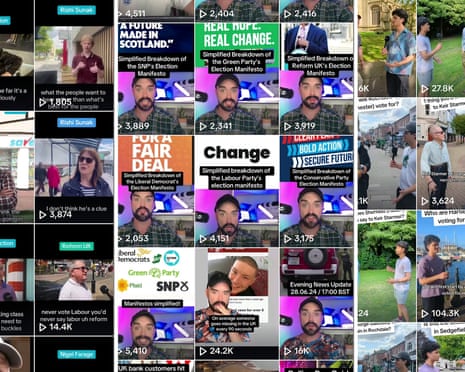 composite image of screenshots from TikTok, showing vox pops and captioned images of presenters talking about politics