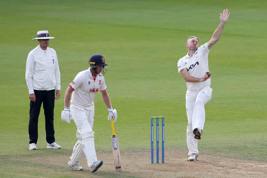 Rikki Clarke runs in – at the age of 39 – during Surrey’s County Championship game against Essex at the Oval.