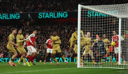 Walter Benítez concedes an own goal scored by Crystal Palace’s Maxence Lacroix.