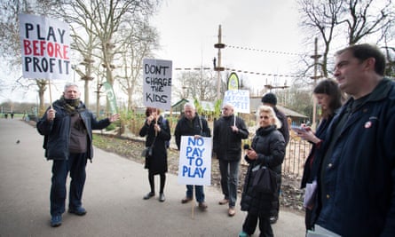 Demonstrators protest against the privately-run adventure playground Go Ape in Battersea Park, Wandsworth.