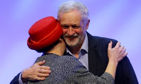 Jeremy Corbyn is congratulated by Christine Blower, General Secretary of the NUT, following his speech at the National Union of Teachers Conference at the Brighton Centre, Brighton, East Sussex. 