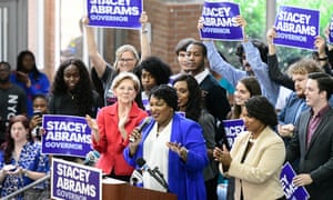 Stacey Abrams, Democratic challenger for Georgia governor in November 2018’s midterm elections at a rally supported by Democratic Senator from Massachusetts Elizabeth Warren 