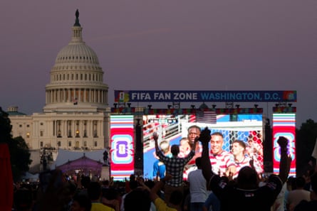 Fans celebrate after the United States scored a goal against Bosnia and Herzegovina at a fan zone in Washington DC