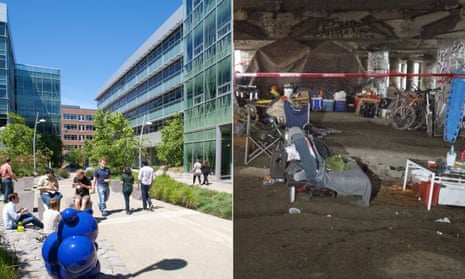Employees enjoy a lunch break on the new Amazon campus in Seattle; right, an area used by homeless people has been blocked off by police after two people were shot dead.