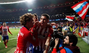 Jose Gimenez of Atletico Madrid celebrates his first goal with his teammates.