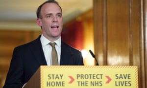 The foreign secretary, Dominic Raab, answering questions from the media on Monday.