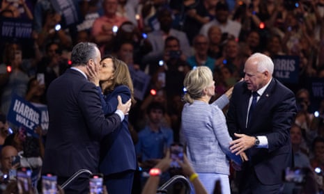 Tim Walz heads to Philadelphia to join Kamala Harris for first campaign rally as her running mate – live Democratic presidential candidate US Vice President Kamala Harris (2-L), kisses First Gentleman Douglas Emhoff (L), as Democratic vice presidential candidate Minnesota Governor Tim Walz (2-R) greets his wife Gwen Walz (R), during a campaign rally at the Liacouras Center at Temple University in Philadelphia, Pennsylvania, USA, 06 August 2024.