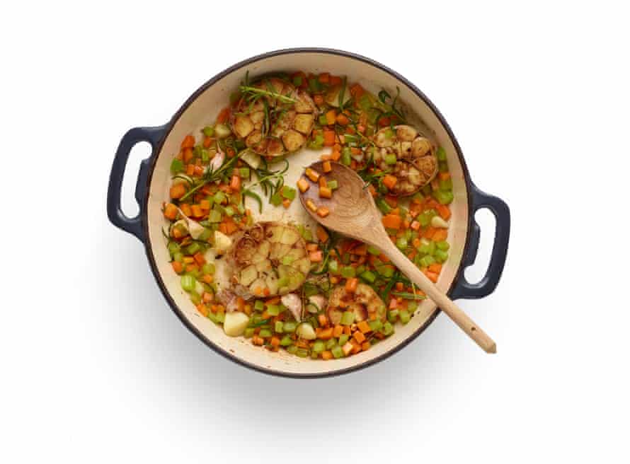 Felicity Cloake’s pollo alla cacciatore or hunter’s chicken stage 4: brown the soffrito