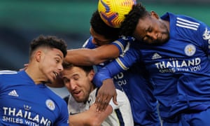 Tottenham’s Harry Kane is crowded out by Leicester’s James Justin (left), Wesley Fofana and Wilfred Ndidi during Leicester’s 2-0 win last Sunday.