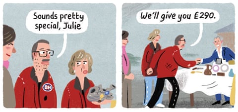 A series of cartoon images of the TV show Bargain Hunt in which a couple find the Rules-Based International Order, panel 5