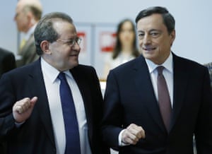 President of European Central Bank, ECB, Mario Draghi, right, and Vice President Vitor Constancio arriving at today’s press conference.