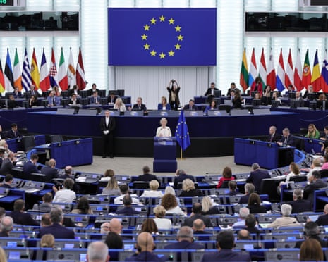 European Commission president Ursula von der Leyen speaks during a debate on State of the Union at the European parliament in Strasbourg, France.