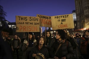 Protestors demonstrating against the police, crime, sentencing and courts bill outside the Houses of Parliament last night.