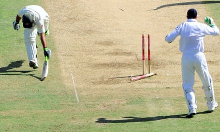 Australia’s Ricky Ponting is short of the crease and run out by Andrew Flintoff