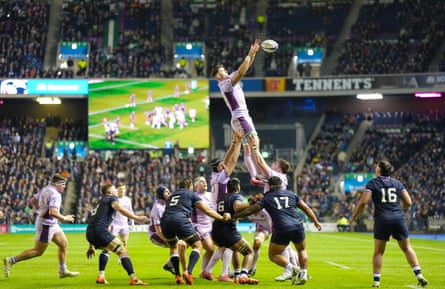 Scotland’s Magnus Bradbury wins the line out during the Quilter Nations Series match against the United States.