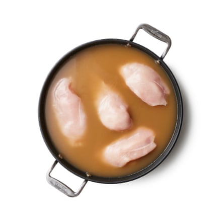 Put the chicken breasts in a saucepan wide enough to hold them all in one layer, then add enough stock just to cover; top up with water, if need be