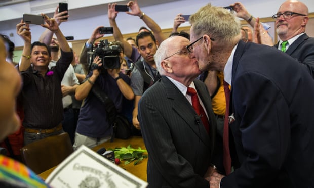 After 54 years as a couple, George Harris, 82, and Jack Evans, 85, are married by Judge Denise Garcia in Dallas, Texas, in 2015. Same-sex marriage is still prohibited in the Texas penal code.