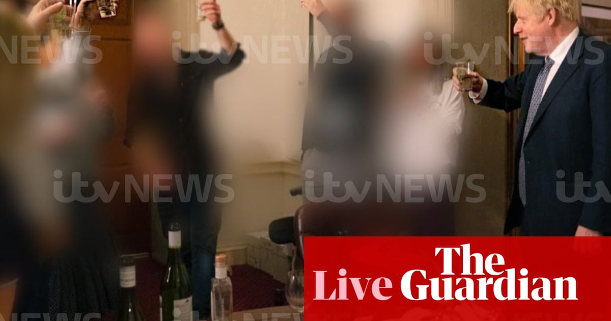 Partygate: pictures emerge showing Boris Johnson drinking at No 10 leaving do during lockdown – live