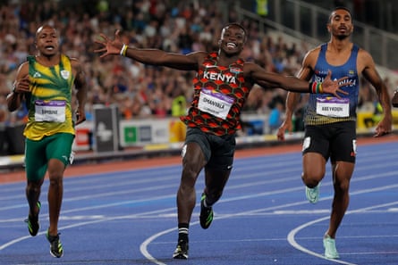 Kenya’s Ferdinand Omanyala wins the men’s 100m final.