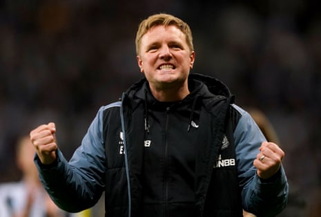 Eddie Howe celebrates Newcastle United’s qualification for the Champions League following their scoreless draw with Leicester City on Monday night.