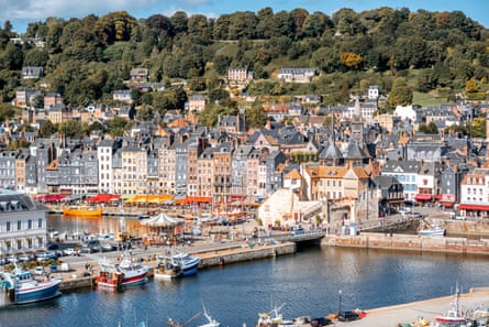 Aerial view on the port and old town of Honfleur, famous french city in Normandy.