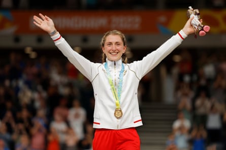 Laura Kenny celebrates winning a Commonwealth Games gold medal in 2022.