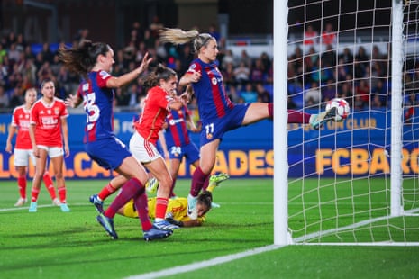 Alexia Putellas tries to get a touch as Esmee Brugts’ effort doubles Barcelona’s lead.
