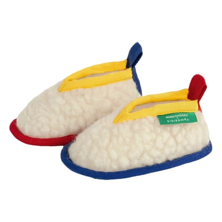 White sheepskin slippers with primary-coloured trims