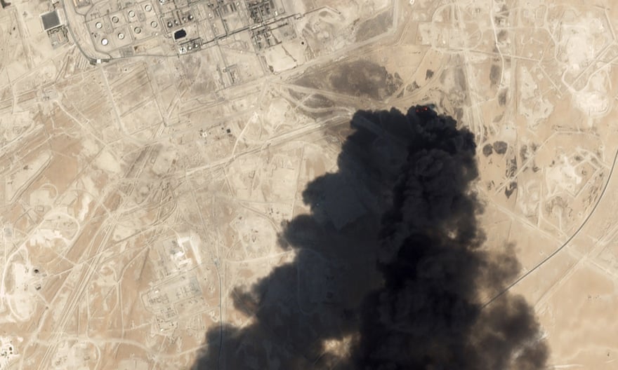 Satellite image of  Aramco’s Abqaiq oil processing facility in Buqyaq, Saudi Arabia after a missile and drone strike on the kingdom’s oil industry.